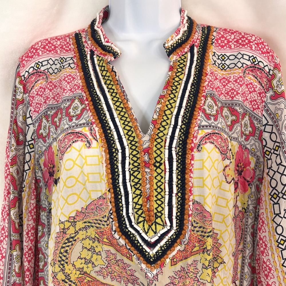 Charter Club Women's L Pink Yellow Beaded Paisley Rayon Tunic Top Boho Festival - Picture 2 of 10